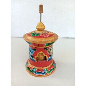 Tibetan Prayer Wheel Painted Wood Buddhist Nepal Tabletop